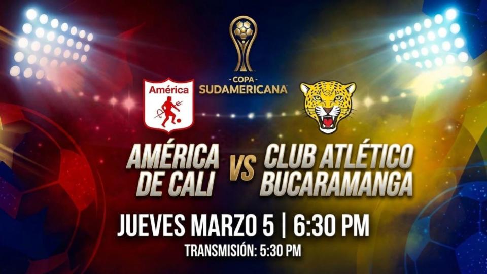 Jugadores de Am&eacute;rica de Cali y Atl&eacute;tico Bucaramanga disputando el bal&oacute;n en el Estadio Pascual Guerrero durante un partido de la Liga Colombiana.