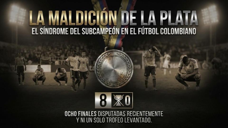 Gr&aacute;fico de PrimeDeportes sobre 'La Maldici&oacute;n de la Plata' en el f&uacute;tbol colombiano. Muestra una medalla de plata deslustrada y jugadores colombianos deprimidos en un campo oscuro. El texto principal es 'LA MALDICI&Oacute;N DE LA PLATA' con el subt&iacute;tulo 'EL S&Iacute;NDROME DEL SUBCAMPE&Oacute;N EN EL F&Uacute;TBOL COLOMBIANO'. En la parte inferior, un gr&aacute;fico de '8 Finales Perdidas' contra '0 Trofeos'.