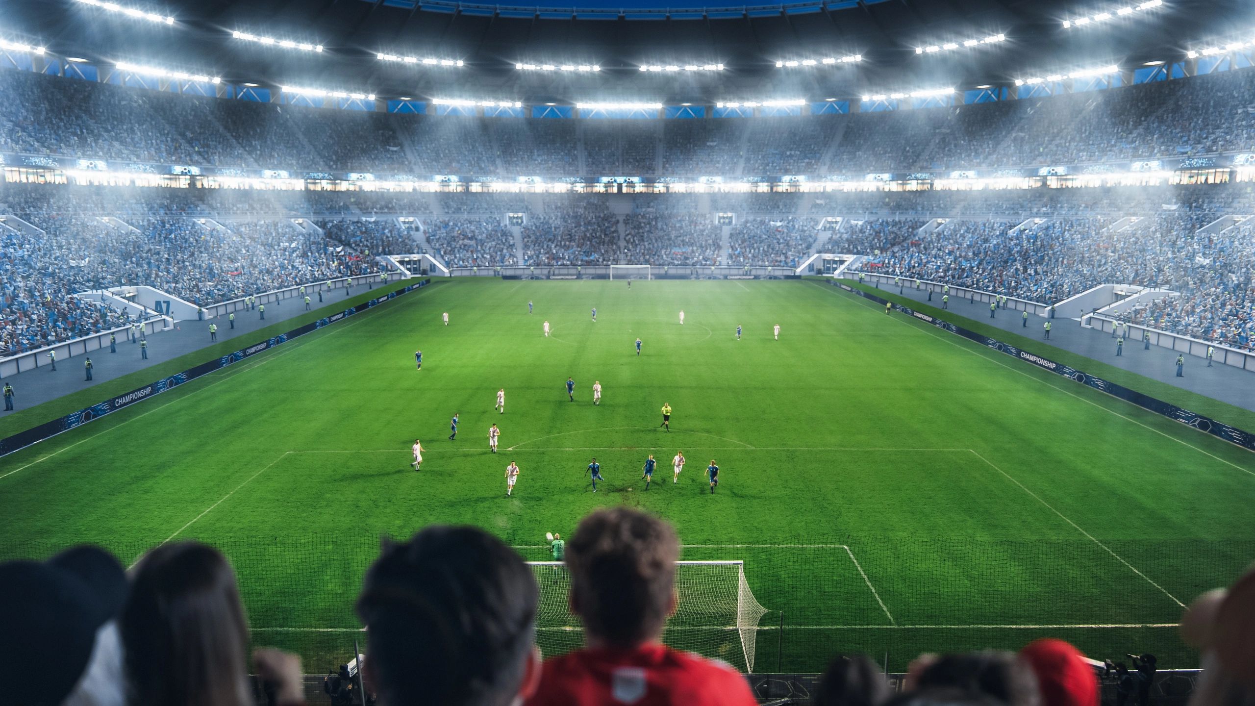 Estadio iluminado para una cobertura editorial del Mundial